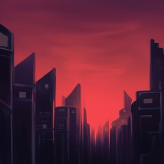 Artistic illustration of a cyberpunk futuristic city. Evening scene of a world of the future. Modern skyscrapers in a fog at evening. Urban city in a red light.