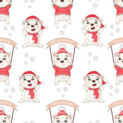 Seamless pattern with cute cartoon polar bears in winter sweaters with a merry christmas sign catching snow with their paws