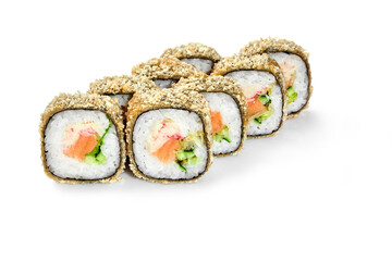 Tempura rolls with salmon, crab meat, cucumbers and lettuce