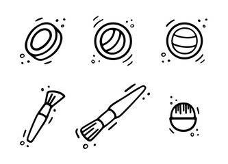 Cosmetic Icons. Makeup brushes, powder, eye shadows setin doodle style. Woman stuff, eco girls accessory concept. Vector hand drawn flat illustration isolated on white.