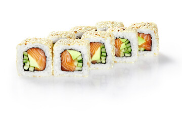California rolls with raw salmon, avocado, cucumbers and fried sesame