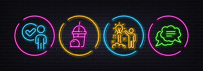 Verification person, Creative idea and Ice cream milkshake minimal line icons. Neon laser 3d lights. Text message icons. For web, application, printing. Vector