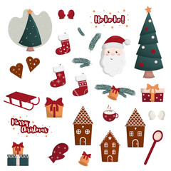Cute Christmas cartoon illustrations, unique christmas icons, Santa, stockings, gifts, gingerbread, tree, decorations, stars, merry christmas