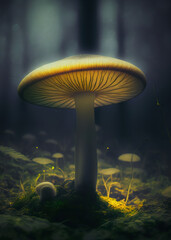 Fototapeta premium Glowing mushrooms in the forest, macro under lit.