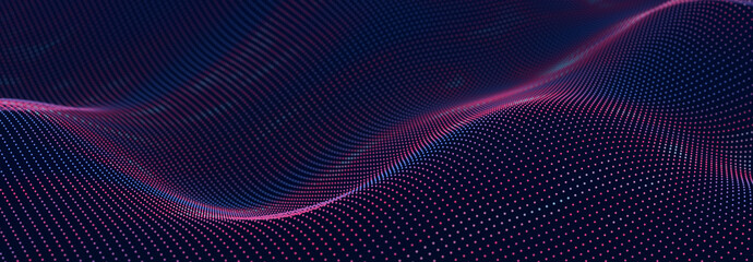 Particle stream. Purple background with many glowing particles. Information technology background. 3d rendering.