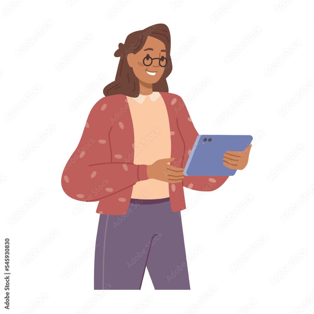 Poster employee holding tablet or laptop working on business project. tasks and development of company orga