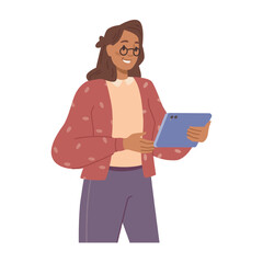 Employee holding tablet or laptop working on business project. Tasks and development of company organization. Flat cartoon character, vector in flat style