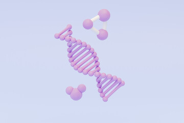 3D rendering of a minimalistic DNA helix model. 3D illustration of deoxyribonucleic acid and molecules in cartoon style.