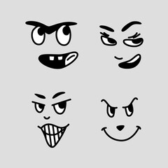 Fototapeta premium Grinning facial expressions of cartoon characters, isolated faces with evil look and devious eyes. Deceitful emoji or emoticon personage. Vector in flat style