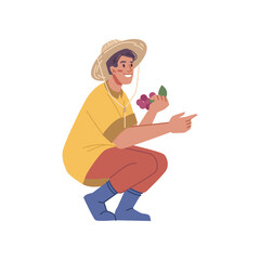 Harvesting and farming, isolated farmer man holding ripe berries in hands. Male personage working on field growing food. Flat cartoon character, vector in flat style