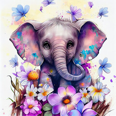 Cute baby elephant watercolor illustration. Isolated on white background. African baby animal for baby shower, nursery decorations, birthday invitations, postera, greeting card, fabric. Baby girl - 545931494