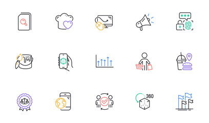 Augmented reality, Megaphone and Love cooking line icons for website, printing. Collection of Biometric security, Flags, Justice scales icons. Approved teamwork, Growth chart. Vector