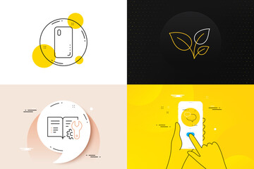 Minimal set of Smartphone cover, Engineering documentation and Leaves line icons. Phone screen, Quote banners. Chat message icons. For web development. Phone, Manual, Grow plant. Speech bubble. Vector