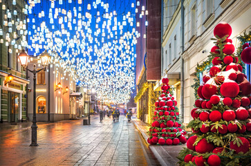 New Year in Stoleshnikov Lane and Christmas trees from red balls, Moscow