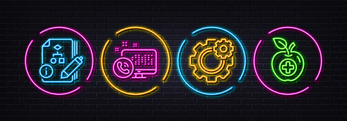 Cogwheel, Web call and Algorithm minimal line icons. Neon laser 3d lights. Medical food icons. For web, application, printing. Engineering tool, Phone support, Project. Apple. Vector