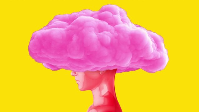 Woman red body with pink cloud on head. Realistic 3d art composition in creative modern stop motion style. Minimal abstract graphic concept design. Fashion loop animation.