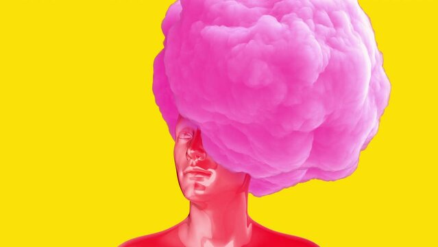 Man red body with pink cloud on head. Realistic 3d art composition in creative modern stop motion style. Minimal abstract graphic concept design. Fashion loop animation.