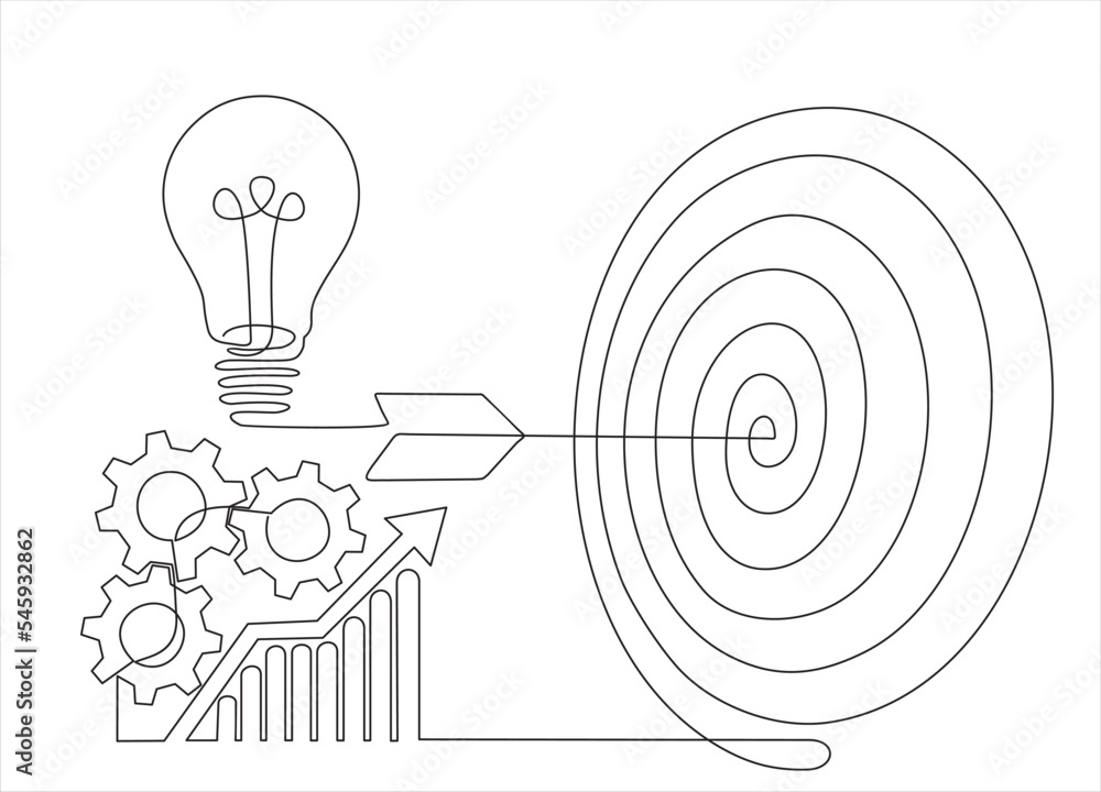 Poster continuous one line drawing of light bulb with a dart board and increasing up arrows bar graph. star