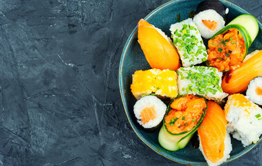 Set of Japanese sushi roll, copy space