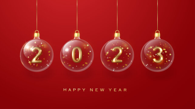 2023 Happy New Year in red. 2023 Golden metal number in glass bauble, decoration. Realistic 3d render metallic sign. Xmas Poster, banner, cover card, brochure flyer, layout design