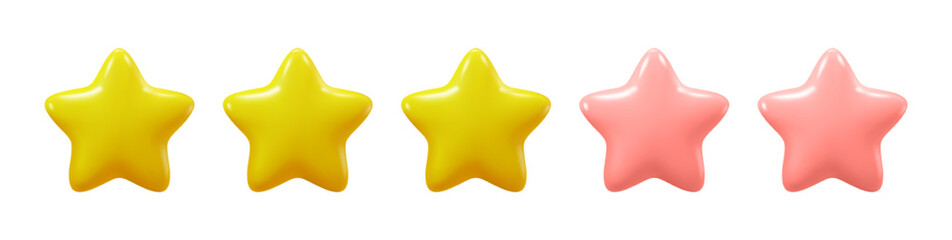 Three golden stars review or ranking from five star, isolated grade of services or product from client. Feedback or evaluation mark. Vector in three dimensional 3d style