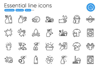 Clean t-shirt, Vacuum cleaner and Rubber gloves line icons. Collection of Bucket with mop, Dirty t-shirt, Dont touch icons. Washing machine, Dryer machine, Household service web elements. Vector