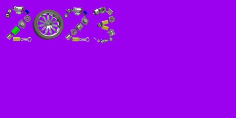 Year 2023 written with car spare parts 3D illustration isolated on purple background