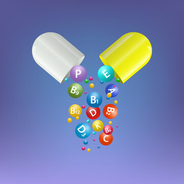Multivitamin complex capsules. Health supplement pharmacy banner template. Medicine science vector illustration