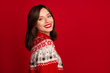 Photo of good mood gorgeous optimistic girl with straight hairstyle wear red sweater toothy smiling...