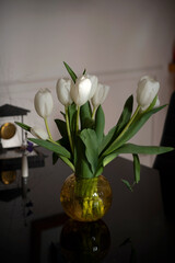 Beautiful white tulips in a glass vase on the table