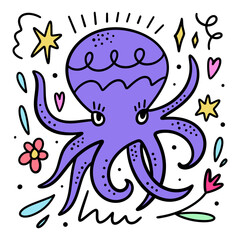 Violet flat doodle cartoon octopus, tentacles squid animal, hand drawn vector illustration isolated on white background. Sea and ocean character, aquatic marine life art. Floral childish collage