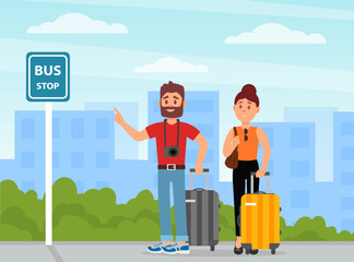 Man and Woman Couple Traveler with Suitcase at Bus Stop Engaged in Tourism Vector Illustration