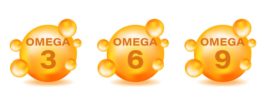 A Set Of Golden Drops Of Omega Icons . Polyunsaturated Fats Omega-3, Omega-6, Omega-9. Natural Fish, Organic Vitamin, Nutrients. Vitamin Drop Tablets Capsules