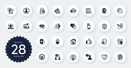 Set of People icons, such as Elevator, Moisturizing cream and Global business flat icons. Fingerprint, Face accepted, Puzzle web elements. Electric app, Lungs, Like signs. People voting. Vector