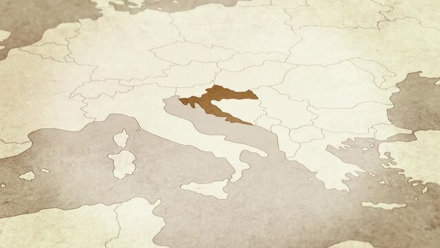 Vintage map showing Croatia. From above zooming in.