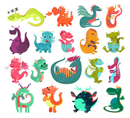 Little Baby Dragons as Fairy Winged Creatures Capable of Breathing Fire Vector Set