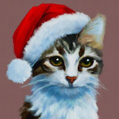 Hand drawn portrait of little cute cat with Santa hat. Oil painting of beautiful kitten for New Year and Christmas. Domestic pretty kitty.