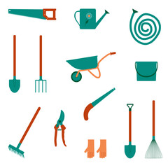 Set of garden tools. Tools for the care of garden plants. Flat style. Vector.