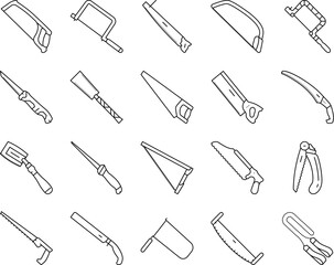 saw hand wood construction icons set vector