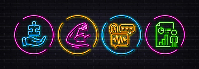 Strong arm, Biometric security and Puzzle minimal line icons. Neon laser 3d lights. Business report icons. For web, application, printing. Muscle biceps, Fingerprint secure, Jigsaw game. Vector