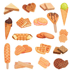 Various Sweet Waffles and Wafer as Dessert and Confectionery Big Vector Set - obrazy, fototapety, plakaty