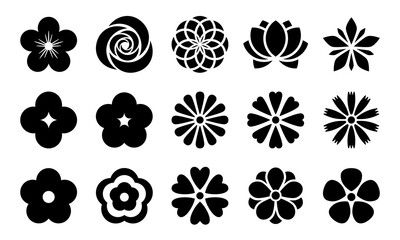 Flowers black icons collection. Stylized flowers isolated on white background. Best for seamless patterns, print, tattoo, web, logo creating and brand design.