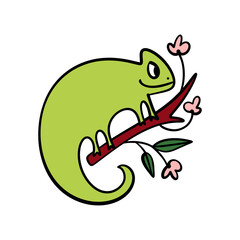 Cute quirky green color chameleon baby character. Adorable hand drawn flat cartoon illustration isolated on white background. Little tropical reptile sitting on tree branch. Childish groovy style