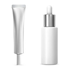Serum bottle, cream tube mockup, eye cosmetic set, vector blank isolated on white background. Silver eyedropper essential oil vial blank, beauty product package. Face care moisturizer gel plastic tube