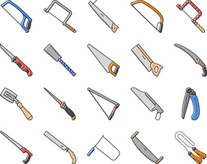 saw hand wood construction icons set vector