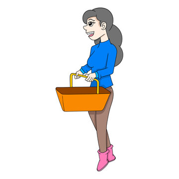 illustration of hot young mother carrying a shopping cart