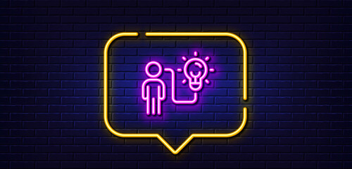 Neon light speech bubble. Business idea line icon. Person with lightbulb sign. Work process symbol. Neon light background. Business idea glow line. Brick wall banner. Vector