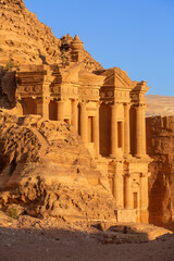 Ad Deir Monastery in the ancient city of Petra, Jordan sunset panoramic view, UNESCO World Heritage Site