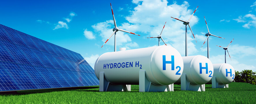 Wind turbines, solar panels and hydrogen gas tanks - 3D illustration of renewable power concept