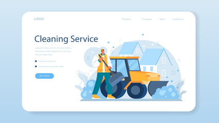 Cleaning service web banner or landing page. Cleaning staff